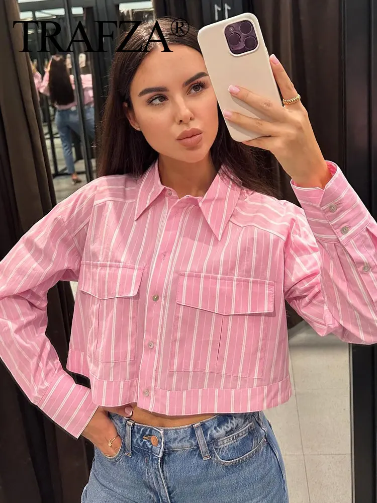 TRAFZA 2024 New Women\'s Striped Blouse Long Sleeve Chic Front Pocket Loose Short Tops Woman Wild Elegant Streetwear Female Shirt