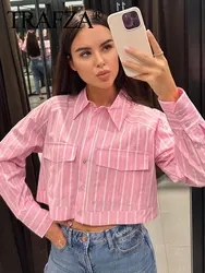 TRAFZA 2024 New Women's Striped Blouse Long Sleeve Chic Front Pocket Loose Short Tops Woman Wild Elegant Streetwear Female Shirt