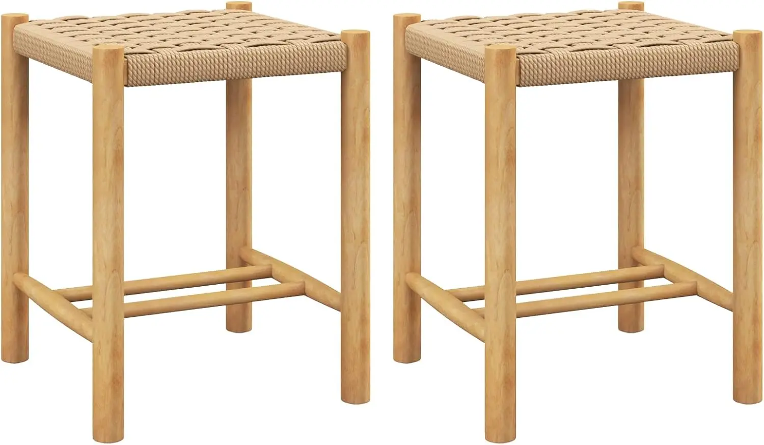 

Wood Stools Set Of 2, 18"" Tall Boho Backl Stool Chairs With Rubber Wood Legs, Max Load 330 Lbs, Arml Wicker Stools For Kitchen