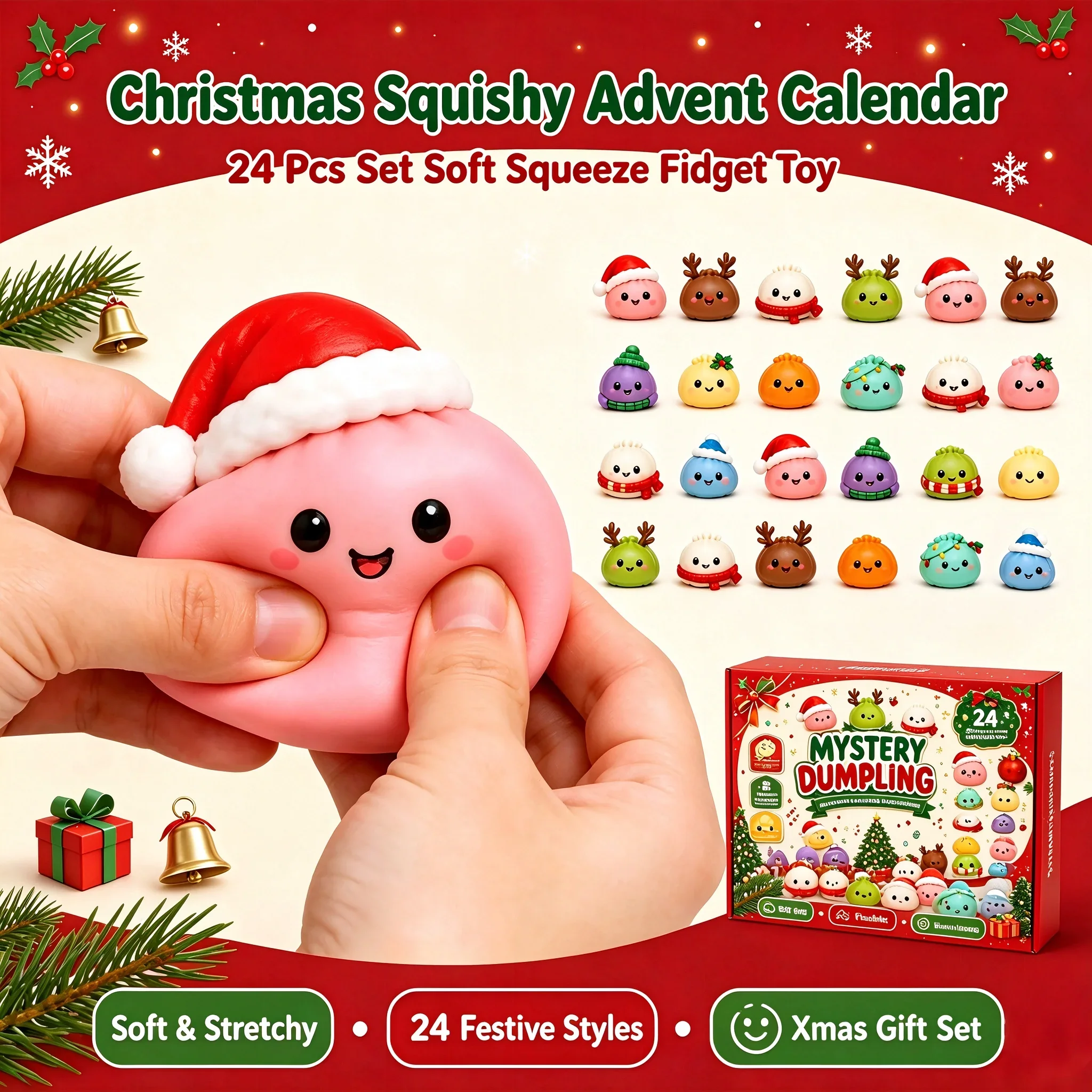 2026 Christmas Squishy Advent Calendar 24-Day Countdown Mystery Dumpling Blind Box, Stress Relief Fidget Toy Gift for Kids