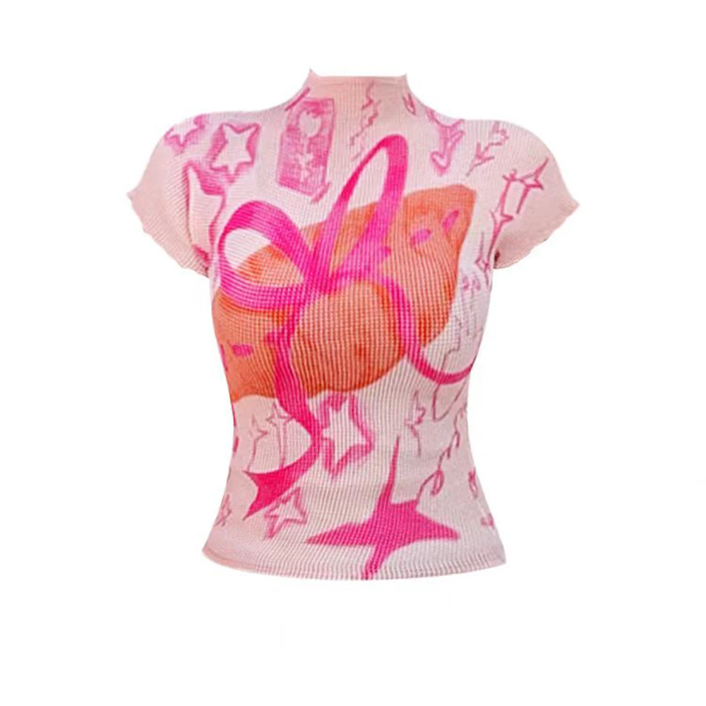 

American printed graffiti short-sleeved T-shirt summer new Spice Girl high-necked slim-fitting design short pleated top