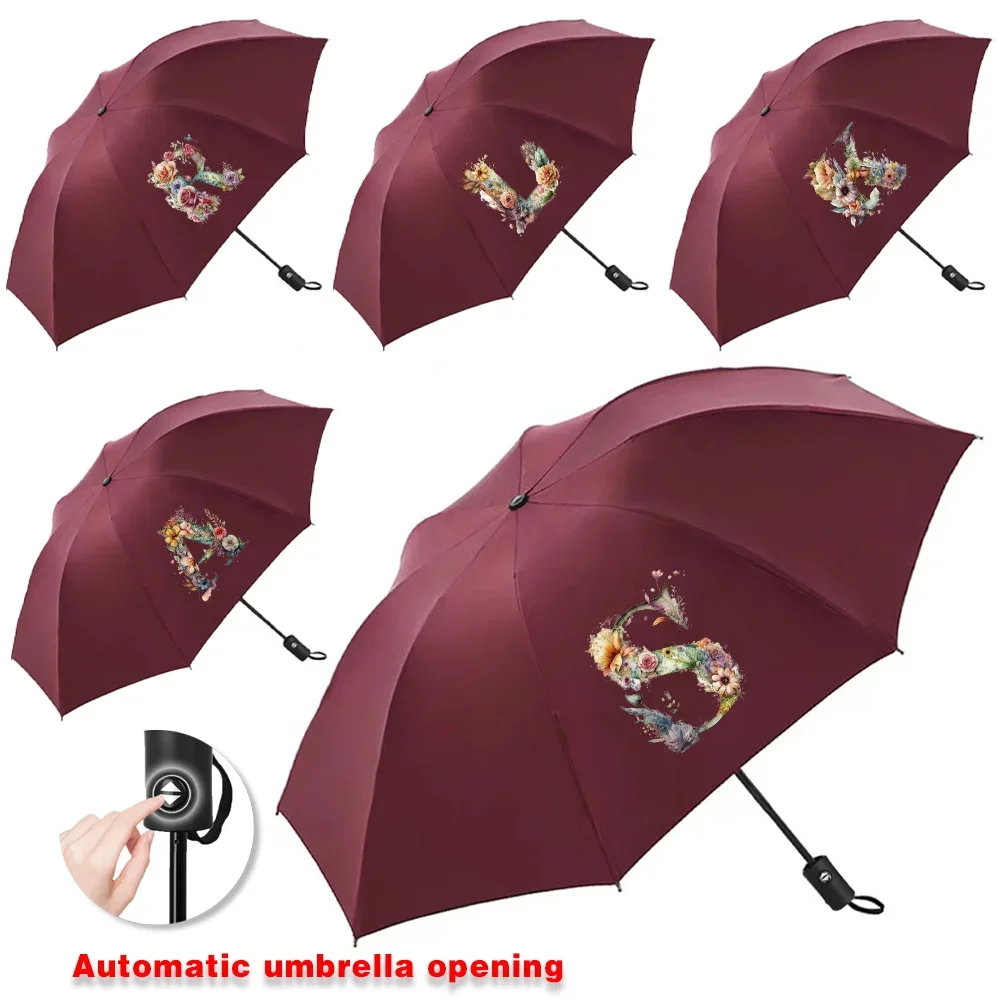 

Umbrella for Sunshine Rainy Windproof Strong Automatic Umbrellas Folding Buckle Handle Double Bone Resistant Floral Letter