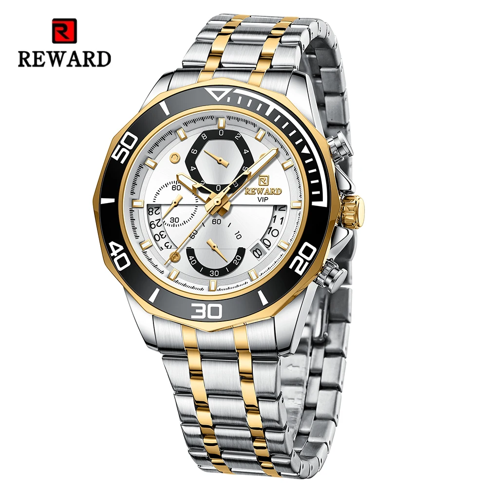 REWARD Mens Watches Fashion Business Stainless Steel Wristwatch Waterproof Luminous Chronograph Calendar Quartz Watches