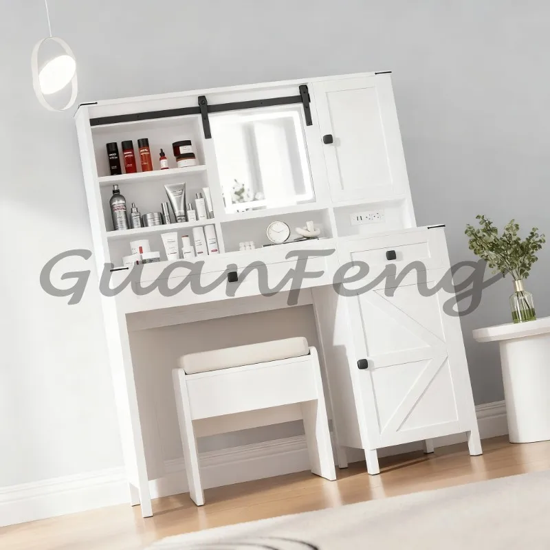 White Makeup Vanity Desk Modern Bedroom Dressing Table with Mirror Lights Built‑in Power Strip 2 Silent Sliding Drawers