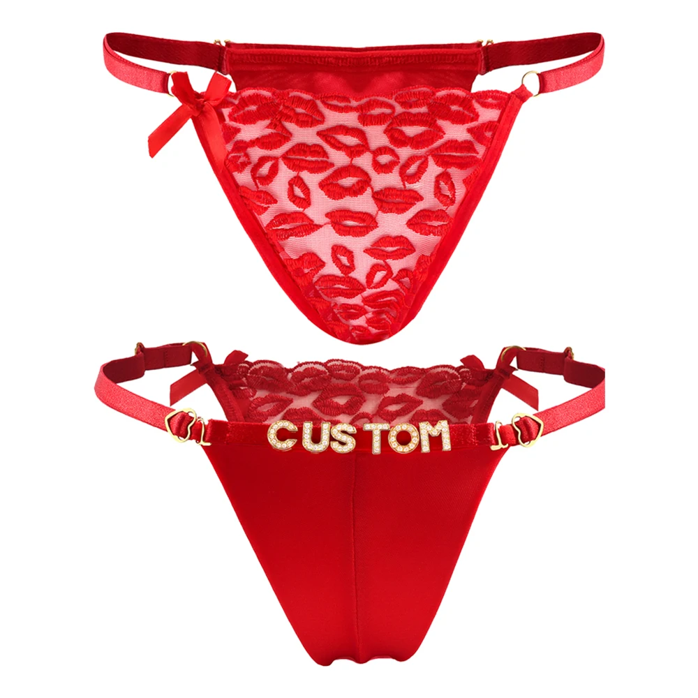 Personalized Name Thongs Lips Embroidery Thong Panties for Women Sexy Lingerie Underwear with Rhinestone Letters Dropshipping