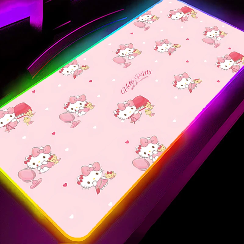 Коврик для мыши с RGB-подсветкой Hello Kitty Gamer, большой край, белый светодиодный коврик для компьютерной мыши, ковер, игровые аксессуары, коврик для клавиатуры, стола