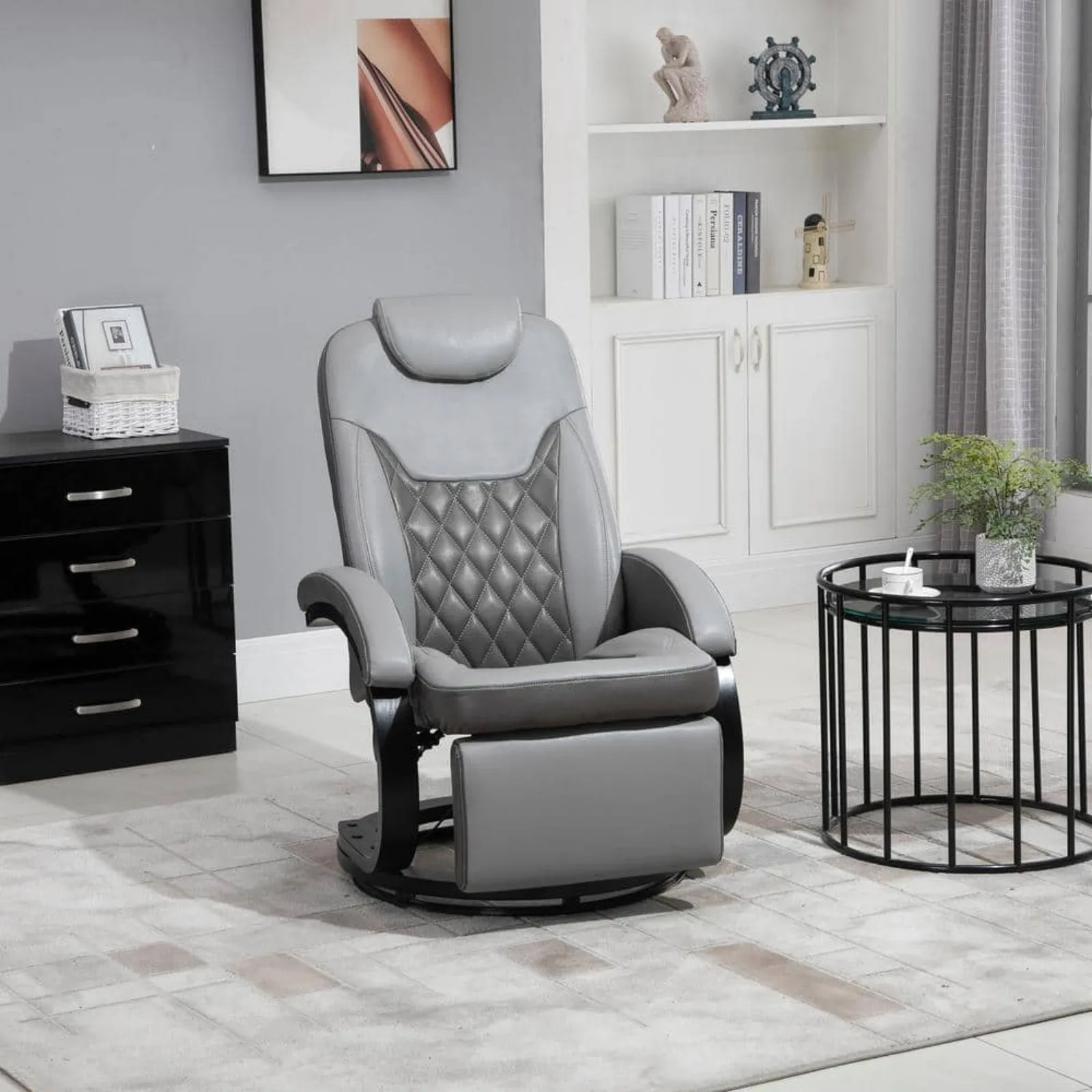 US PU Recliner Reading Armchair with Footrest, Headrest and Round Steel/Wood Base for Living Room or Office, Grey