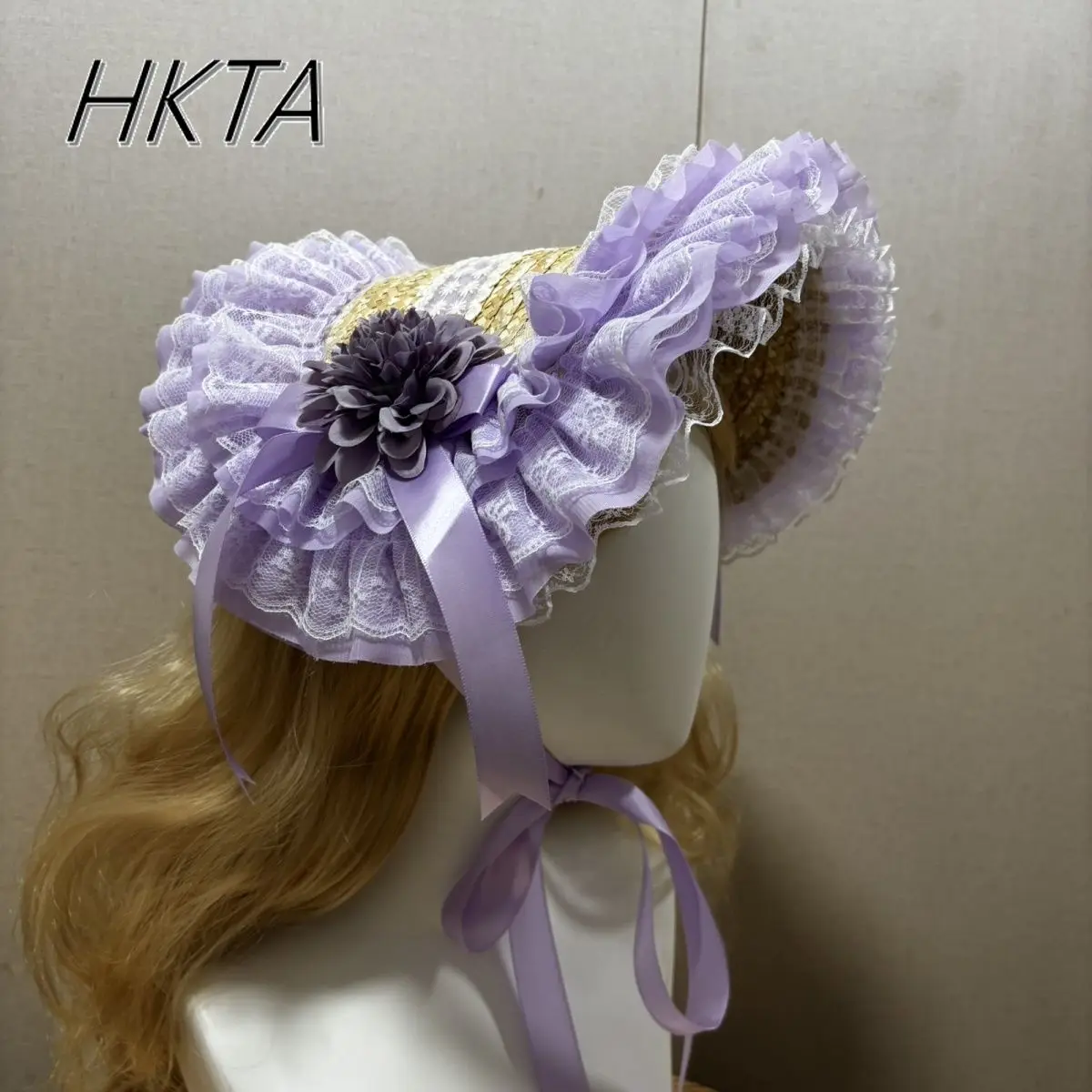 Lolita Lace Print Womens Hat Sweet Cute Handmade Purple Straw Hats Sprint Kawaii Pleated Flower Bow Lace Up Hair Clips Cap Girl