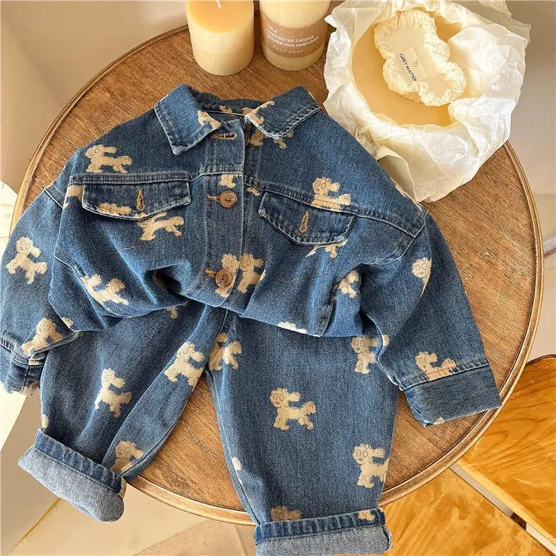 Boys Girl Spring Clothing Set New Fashionable Children\'s Denim jacket Spring and Autumn Baby Jeans 2PCS Children\'s Clothing