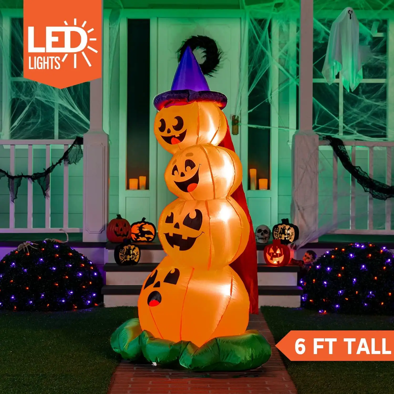 Joyfy 6 FT Gonfiabili di Halloween Zucche impilate con LED incorporati per portico Decorazioni di zucca di Halloween Decorazioni da giardino gonfiabili