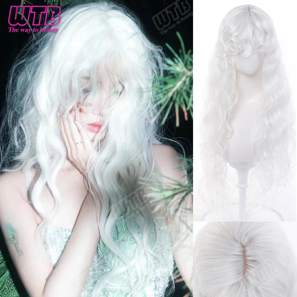 WTB 80cm White Synthetic Lolita Wig Women's Fluffy Retro Long Curly Wig with Bangs Suitable for Daily Festival Cosplay Wear Use