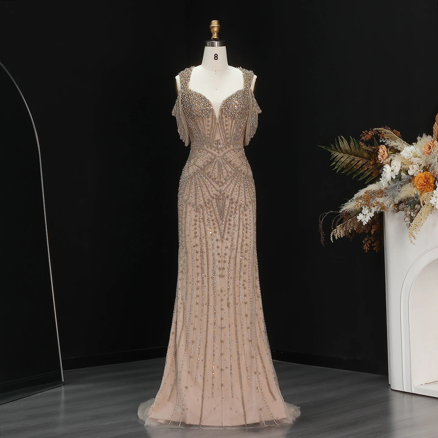 Sharon Said Luxuriöses Abendkleid mit rosa Perlen und Perlenstickerei, drapiertem Träger, V-Ausschnitt, Meerjungfrauen-Schnitt, für formelle Anlässe und Partys, SS193, maßgeschneidert – Detail 10