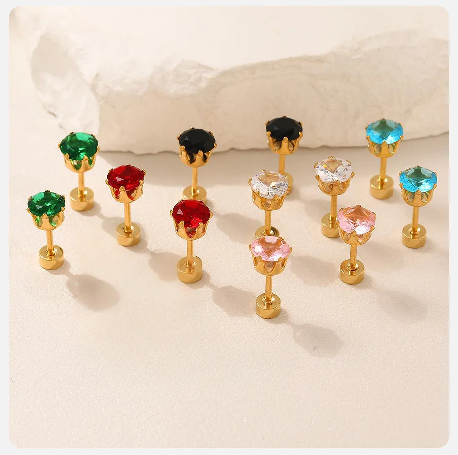 Vnox Vergoldete Bunte Zirkonia-Ohrstecker für Damen, Edelstahl-Geburtsstein-Ohrringe, Statement-Schmuck, Allergiefrei – Detail 5