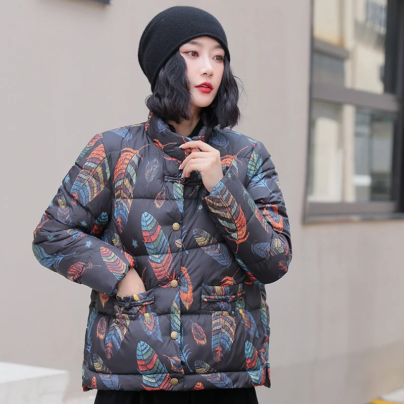 

Retro Ethnic Print Thiened down Cotton Jaet Women's ort Loose Coat Korean Sle Zipper Closure Long Sve Winter Outer...