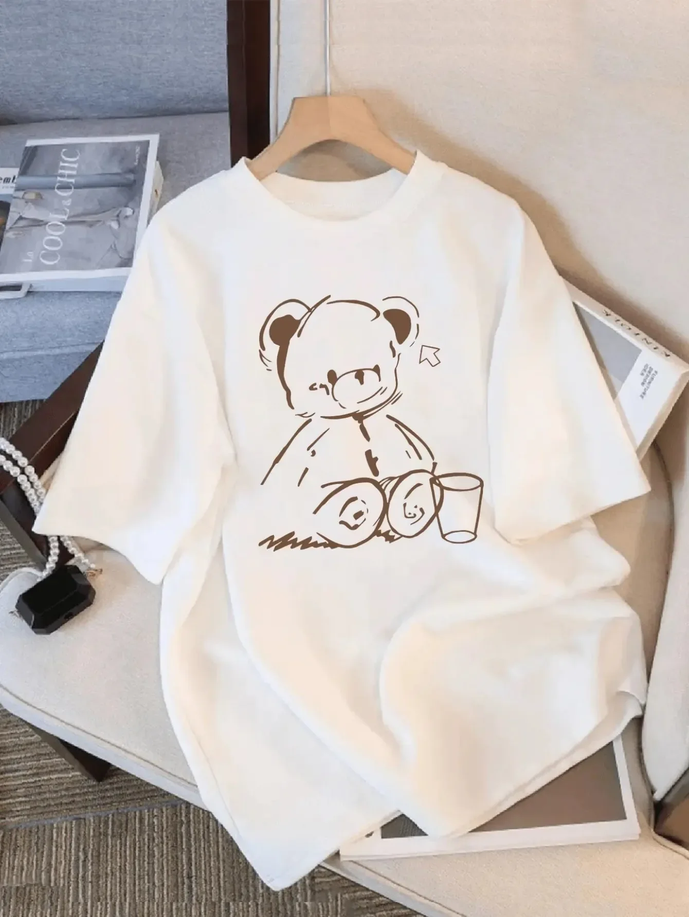 Cute Teddy Bear Print Crew Neck Tops Women's Fit Short Sleeve Cartoon Fashion Coffee Cup Kawaii Women Clothing