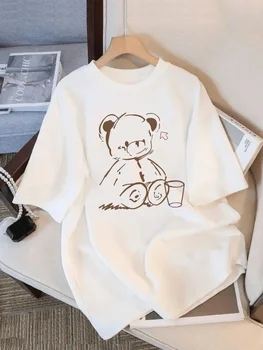 Cute Teddy Bear Print Crew Neck Tops Women's Fit Short Sleeve Cartoon Fashion Coffee Cup…
