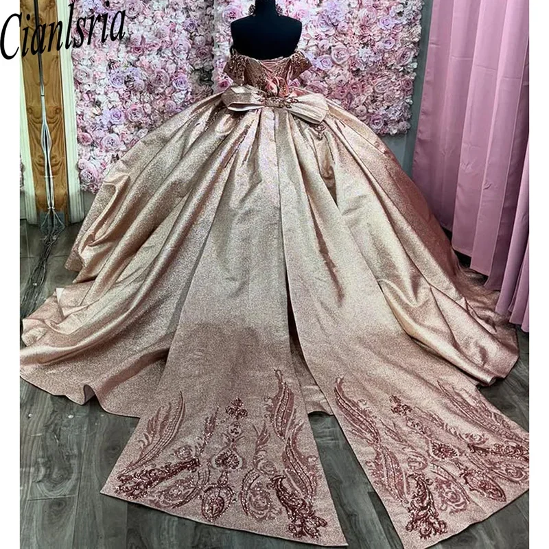 

Sparkly 15 Quinceanera Dresses Ball Gown Appliques Court Train Off the Shoulder Evening Dresses Made