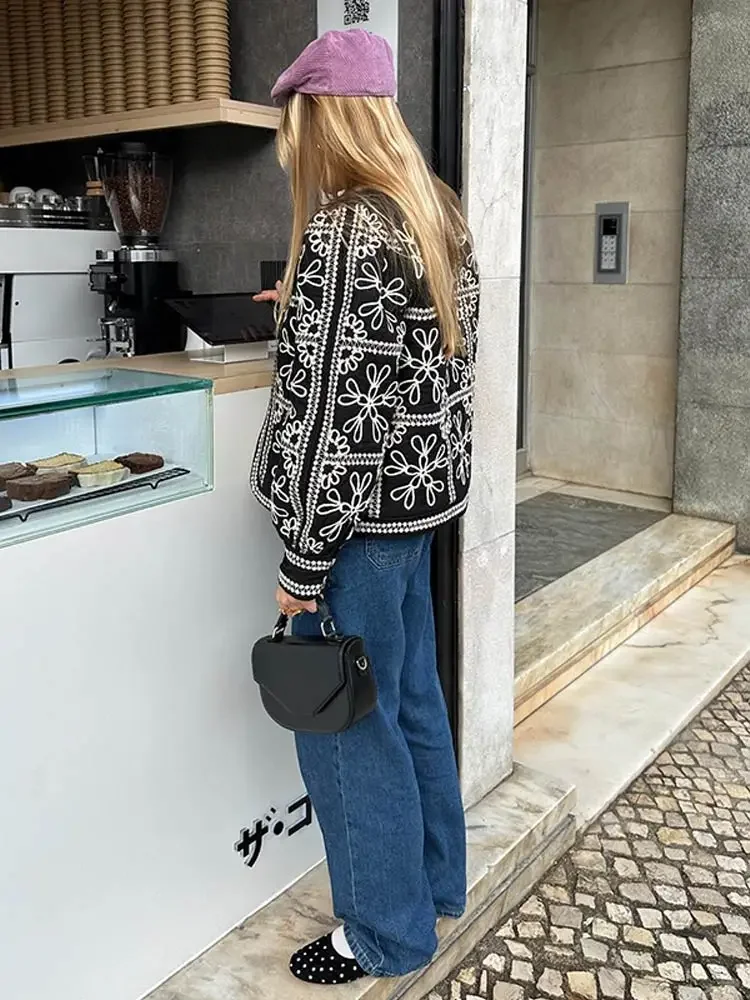 Casaco de algodão feminino estampado Vintage com gola redonda, Casaco ponto aberto, Manga comprida, Senhora chique Casacos Versáteis, Moda, Outono, Inverno