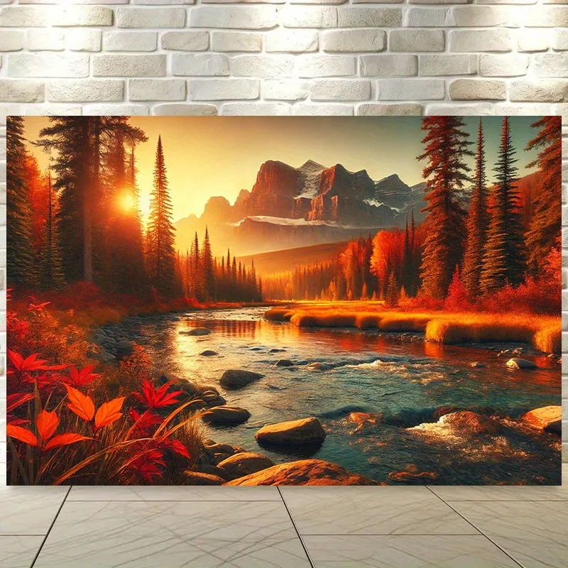 8.0x6.0ft Autumn Forest Stream Tapestry - Vibrant Mountain & River Landscape with Sunlit Foliage, Serene Water Reflection, and