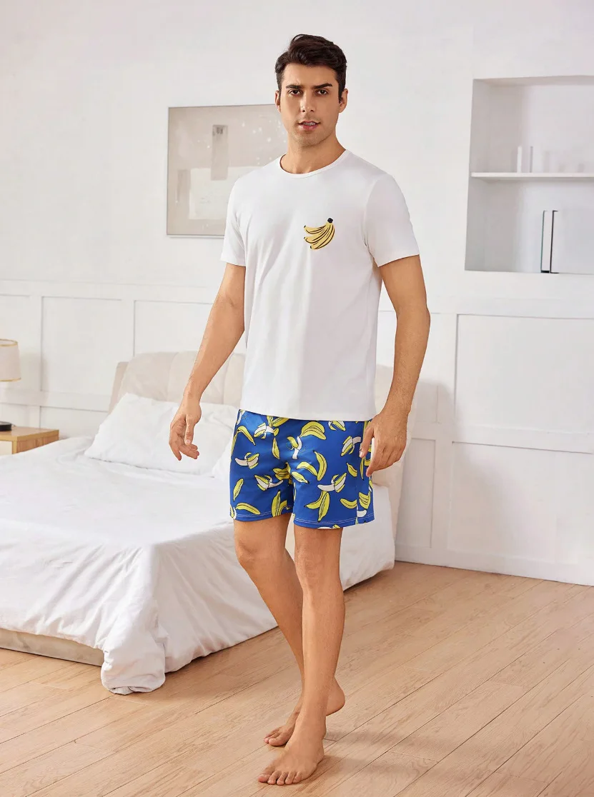 

Мужской пижамный комплект с рубашкой с короткими рукавами и короткими штанами, принтом, повседневный стиль.