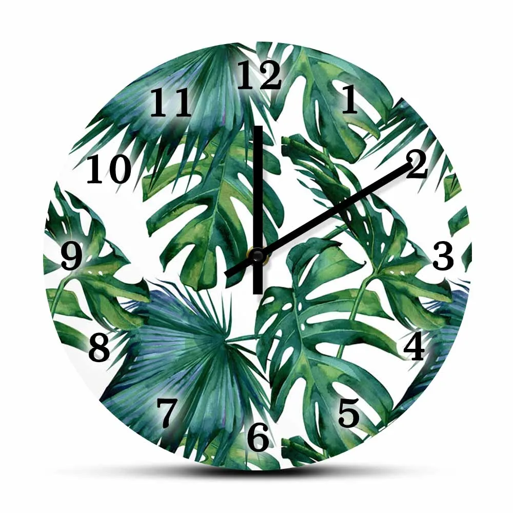 

Watercolor Tropical Leaves Printed Wall Clock For Living Room Green Palms Banana Lea Artwork Decorative Beach Summer Wall Watch