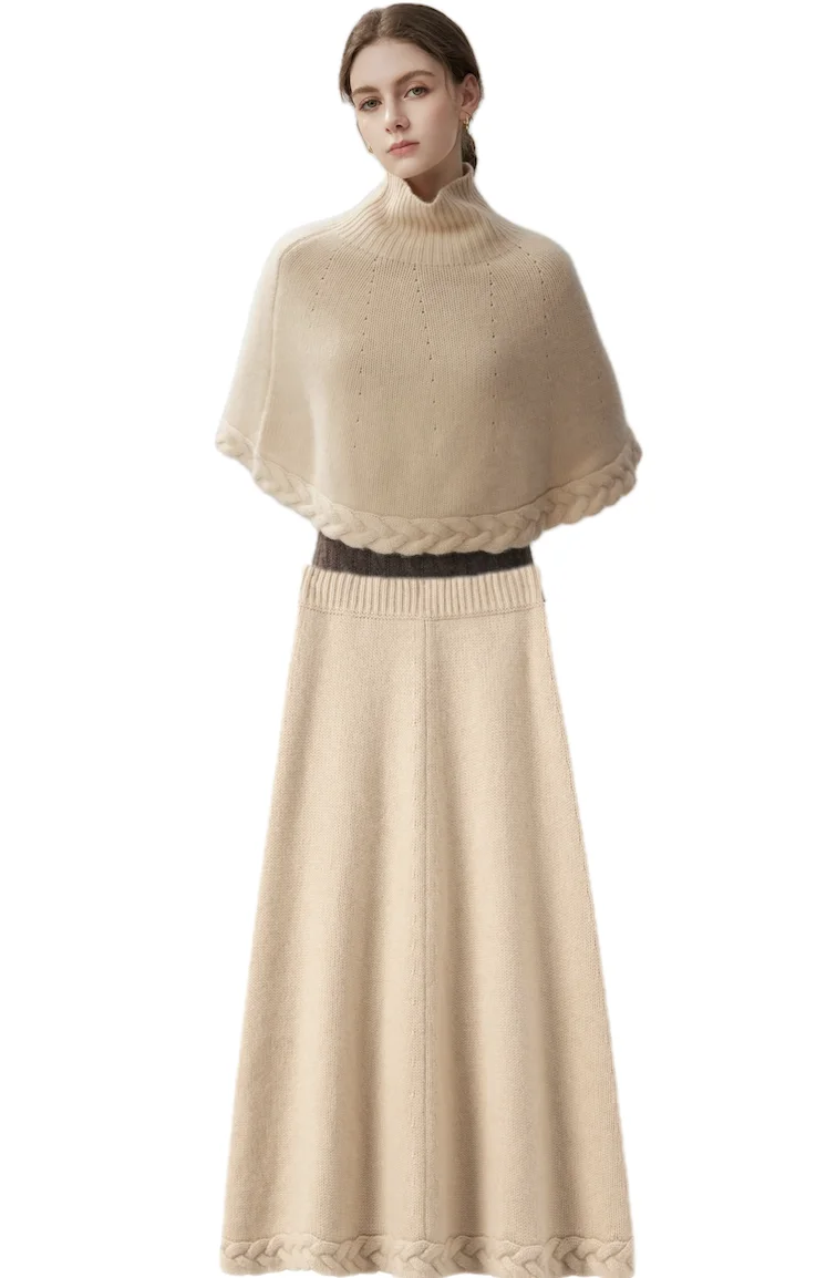 Autumn Winter Knit Clothes Cloud Shoulder Skirt Set Women Sweater Suite 100% Cashmere Set Warm Protect Shoulders Mixed-use Shawl