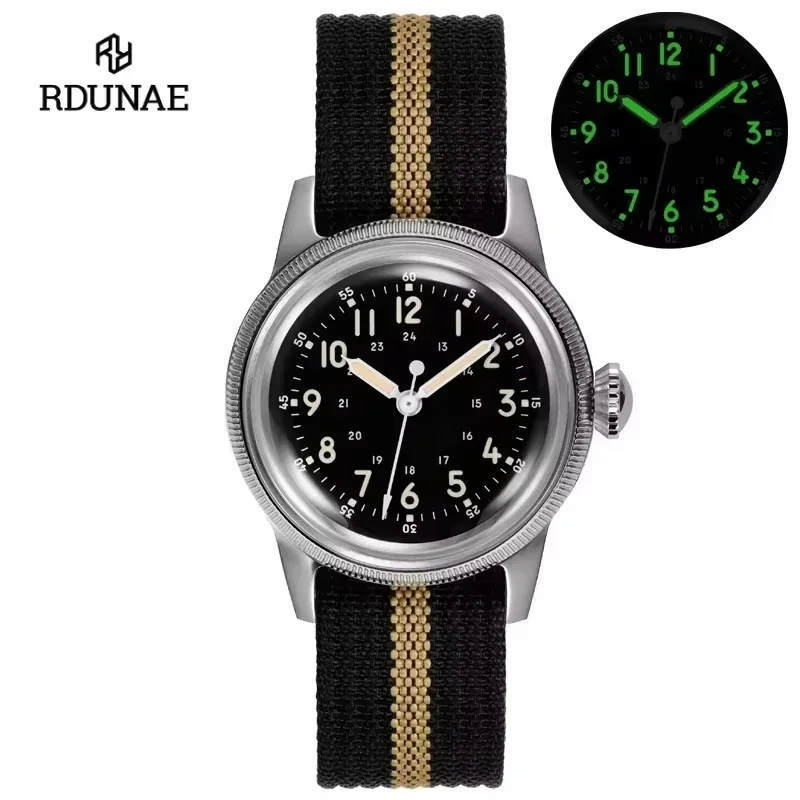 RDUNAE Vintage Military Men's Quartz Watch RA05 Super 2035 Stainless Steel nylon strap waterproof 10Bar Luminous reloj hombre