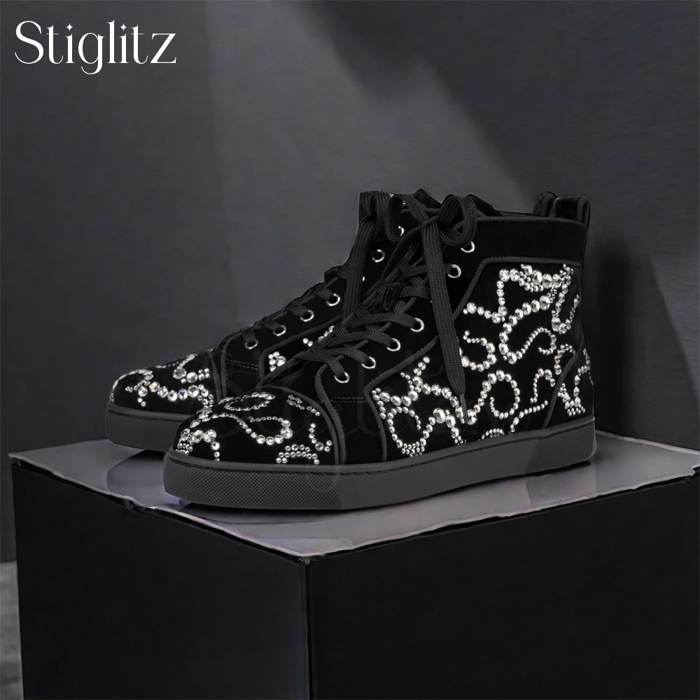 Luxury Suede Rhinestone High Top Sneakers Designer Style Handmade Casual Shoes Men Women Daliy Footwear Custom Made Multi Color