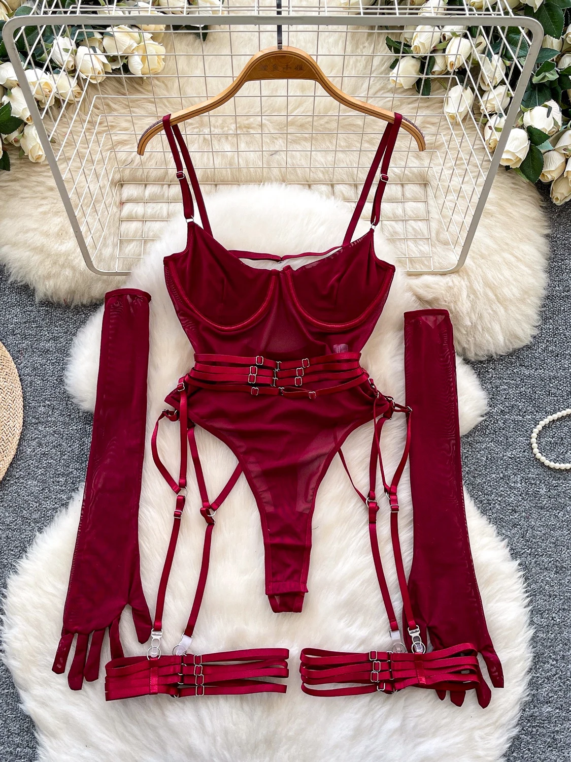 

Foamlina Solid Sheer Mesh Lingerie Set Women Sexy See Through Strap Slim Bodysuit with Glove Garter Belt 3 Pieces Underwear Sets