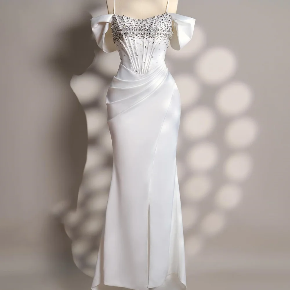 

CustomizedClassic Celebrity Dress Off the Shoulder Short Sleeves Straight Pleats Sweep Train Solid White Crystal Bespoke Occasio