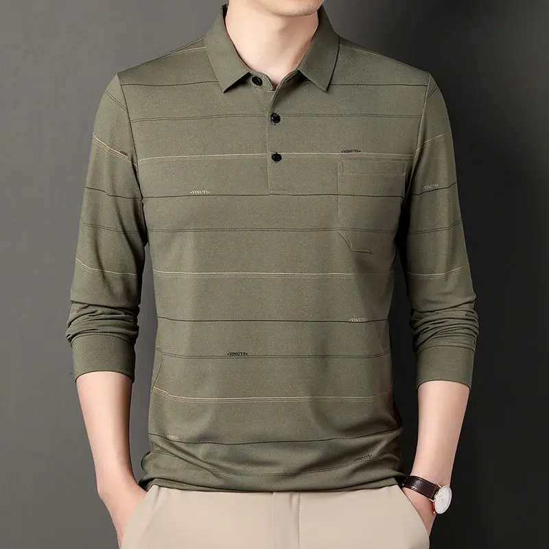 

Fashion Men Long Sleeve Stripe Polo Shirts Spring Autumn Thin Male Clothes Business Casual Button Pockets Korean Pullover Tops