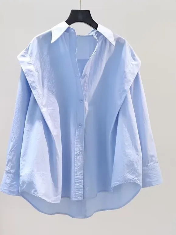 

Свободная женская хлопковая рубашка светло-голубого цвета в корейском стиле, весна-осень, с кружевной отделкой, повседневная, с длинным рукавом, на пуговицах