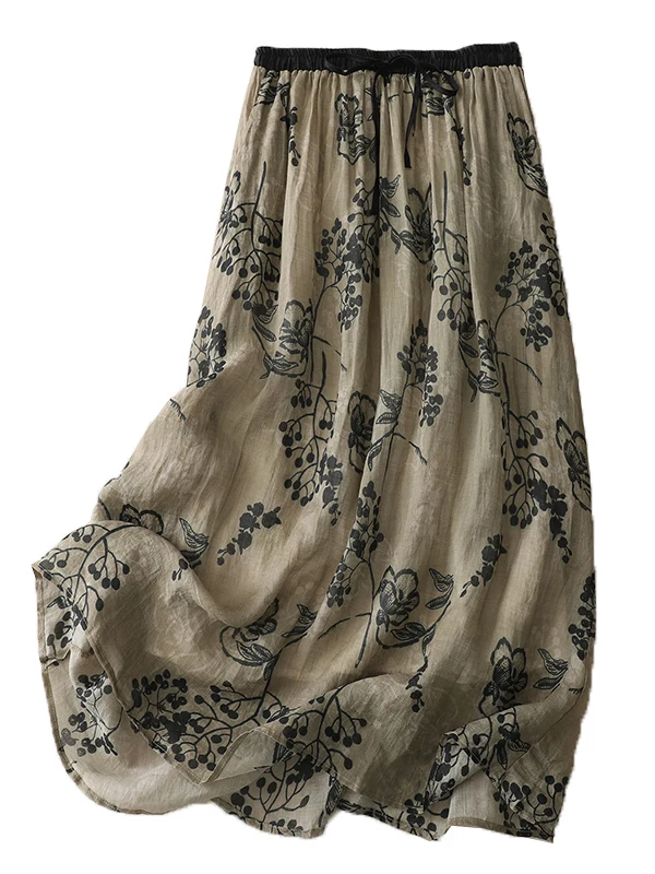 Jupe mi-longue trapèze taille haute en lin imprimé Floral pour femmes, jupe d'été Vintage artistique f-longue avec jupe longue intérieure