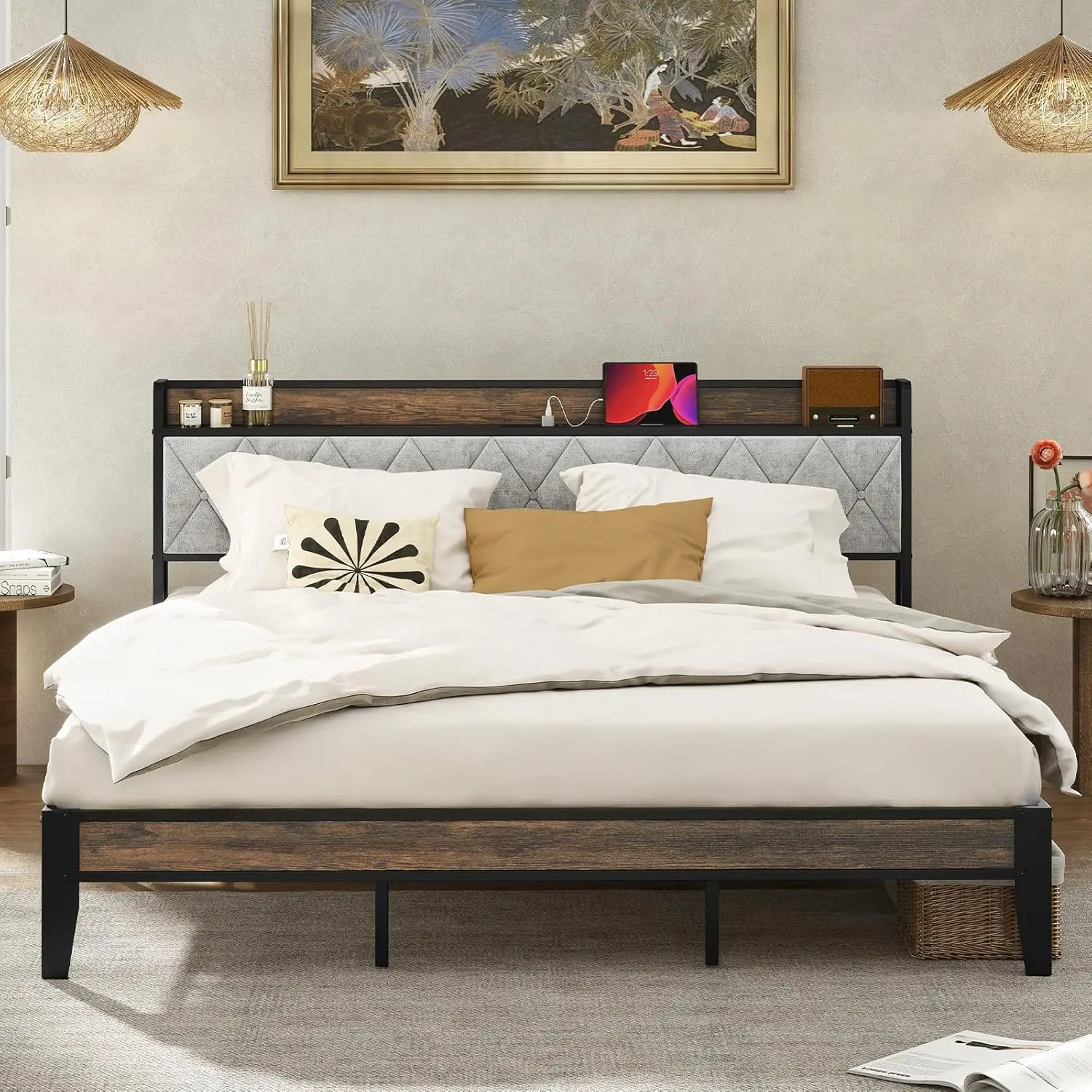 إطار سرير بحجم كينج مع لوح أمامي ومنافذ USB، تصميم رف تخزين، منصة معدنية قوية خالية من الضوضاء، لا حاجة إلى صندوق زنبركي #3