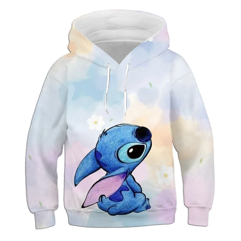 Cartoon teenager Disney Stitch print round neck hoodie 2024 new autumn and winter boys and girls comfortable sweatshirt hoodie