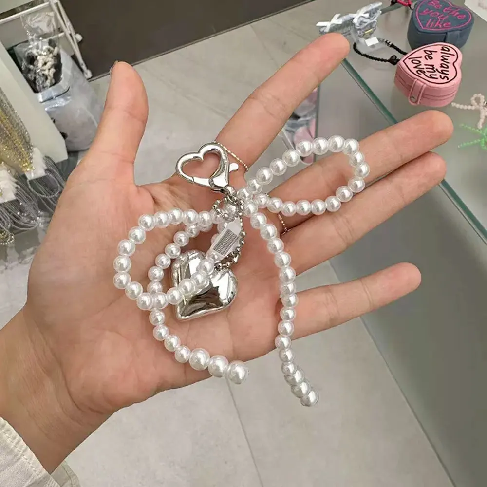 Korean Cute Bow Pearl Phone Pendant Chain Y2K Heart Charm Strap Phone Accessories for iPhone Samsung Camera Bag Keychain Airpods