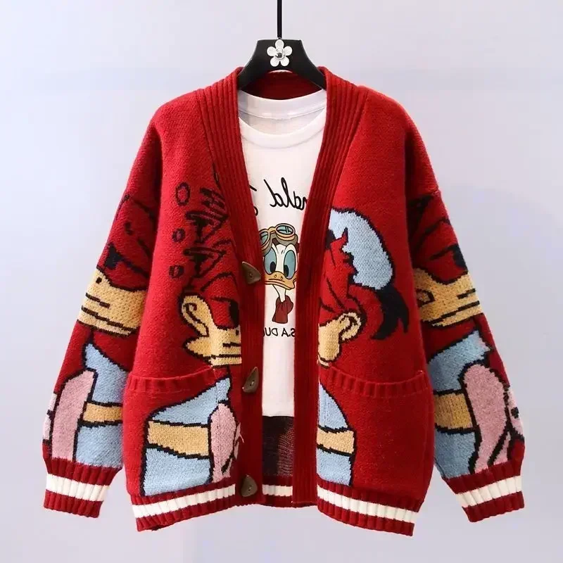 Donald Duck Women\'s Spring and Autumn Versatile Knitted Cardigan Sweet and Fresh Creative Cartoon Loose V-neck Sweater Jacket