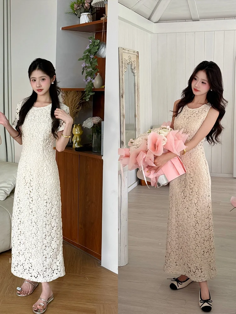 

High Waist Lace Hollow out Short Sleeve Long Dress Slimming Effect Sleeveless Dress Cotton 100% Breathable Comfortable Casual...
