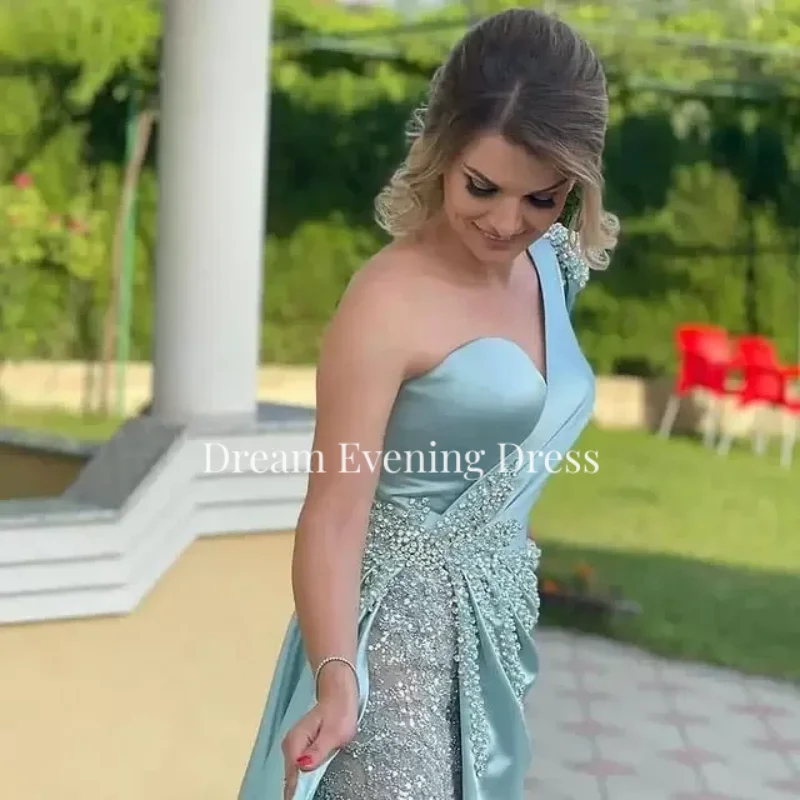 Light Green Mermaid One Shoulder Sleeve Decal Sequin Beaded Evening Dresses Lace Satin Formal Occasion Prom Dress Robe De Soirée