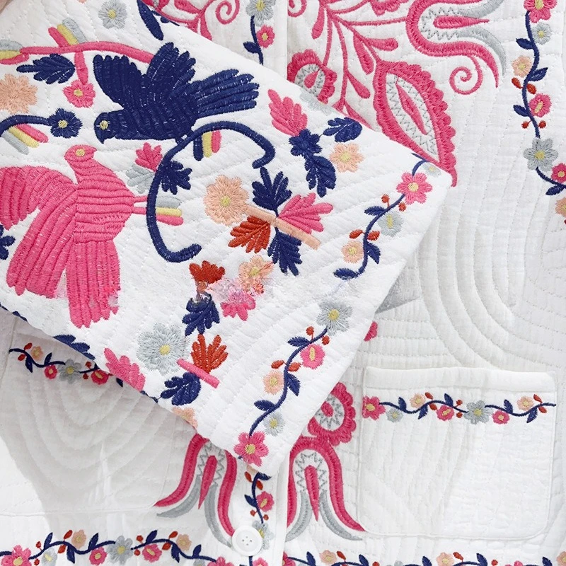 Damska kurtka vintage z haftem, okrągły dekolt, długi rękaw, luźna, wygodna, ciepła bluzka damska na zimę.