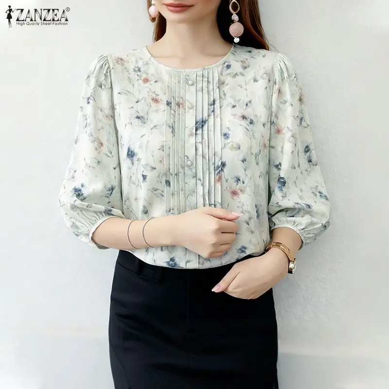 

2026 ZANZEA Стильная блузка с принтом, весенняя рубашка с цветочным узором, женская элегантная блузка с рукавом 3/4, повседневные праздничные топы, богемные блузы