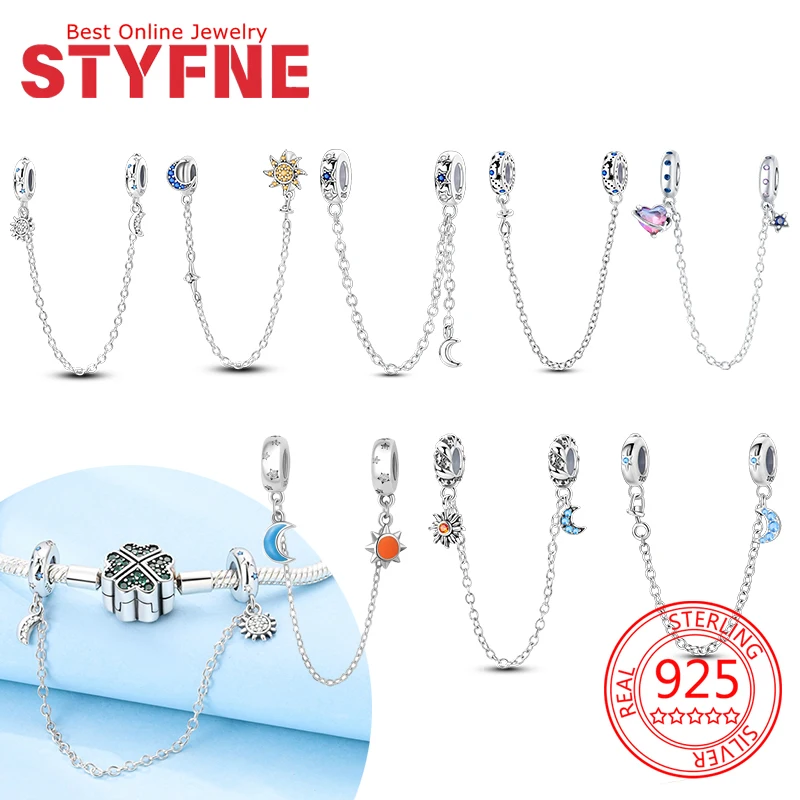 

Safety Chains Sterling Silver 925 Sun Moon Star Charms Fit Original Bracelets Beads for Women DIY Jewelry Making Fine Gift
