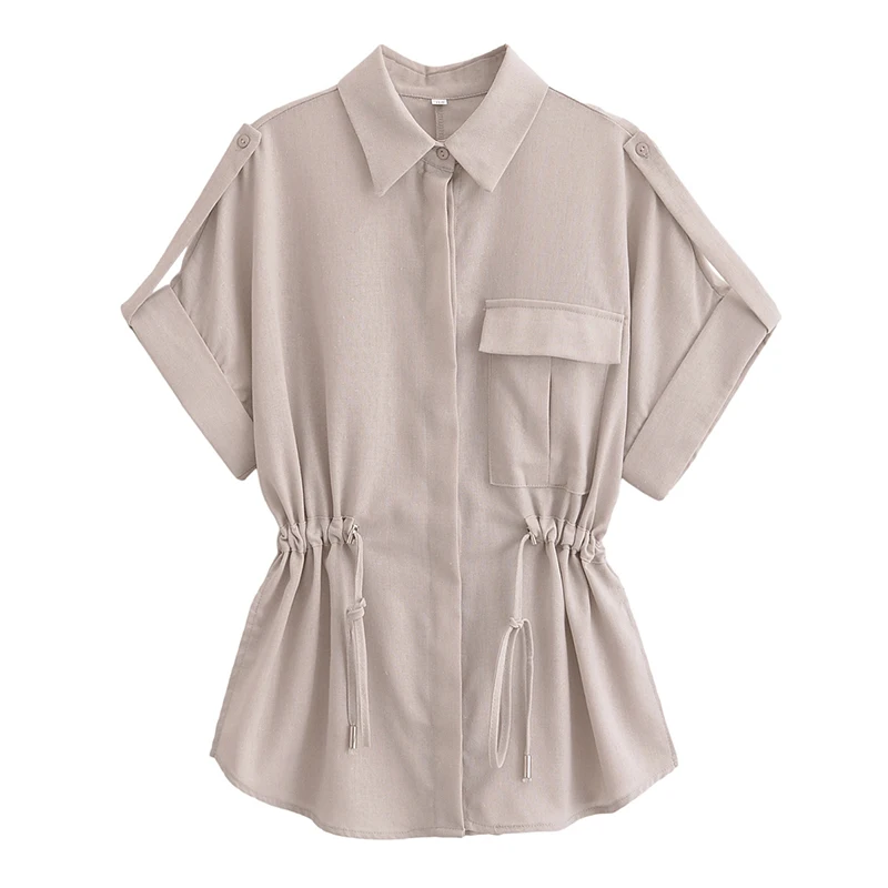 Willshela Women Fashion With Pocket Solid Single Breasted Blouse Vintage Lapel Neck Short Sleeves Female Chic Lady Shirts