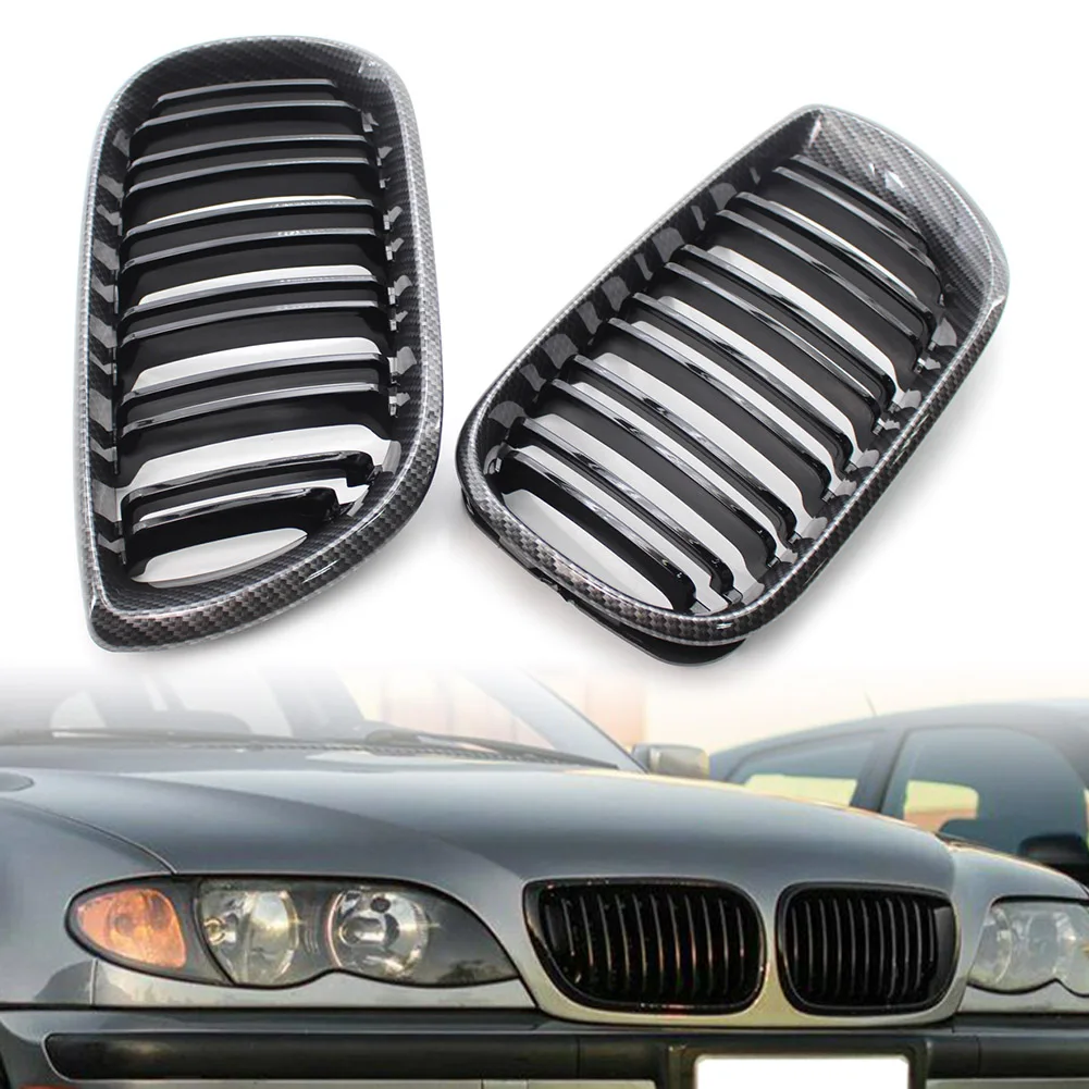 2x Car Double Slat Front Kidney Grille Carbon Fiber Black For BMW E46 Sedan 2002 2003 2004 2005