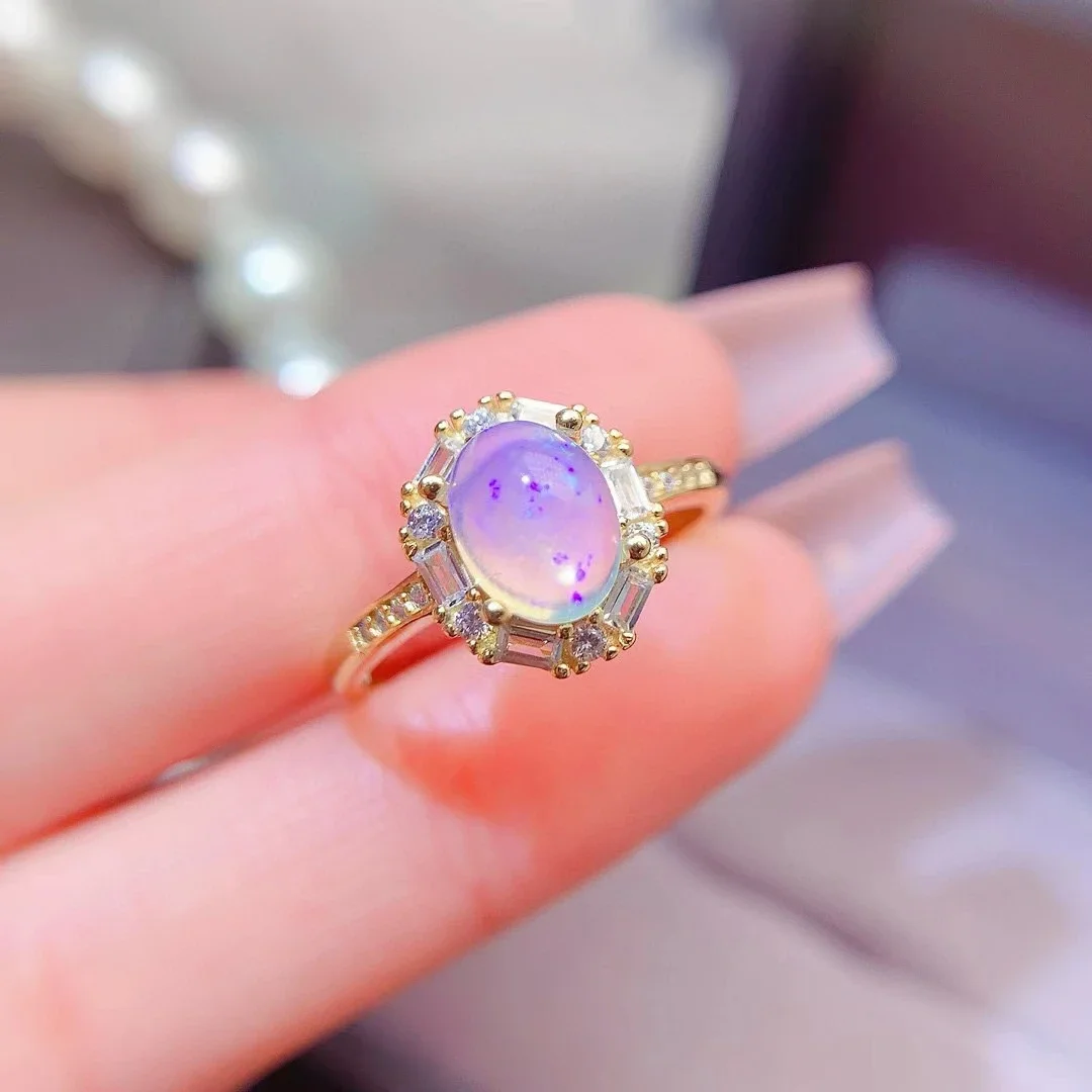 Pure 925 Silver Genuine Australian Opal Ring 6mm*8mm Natural Opal Ring with 18K Gold Plating Birthday Gift for Women