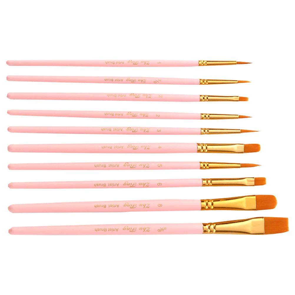 

10pcs Painting Brush Set Nylon Hair For Oil Watercolor Gouache Artist Tools Solid Wood Handle Copper Tube Fastening