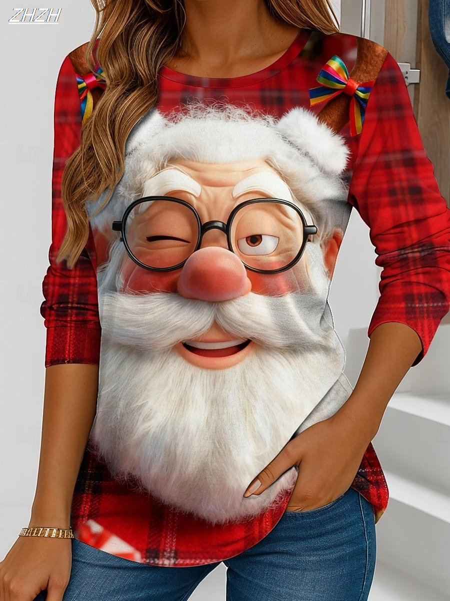 تي شيرت نسائي مطبوع عليه سانتا ندفة الثلج بأكمام طويلة، نمط عطلة احتفالي، ملابس شتوية كاجوال مريحة
