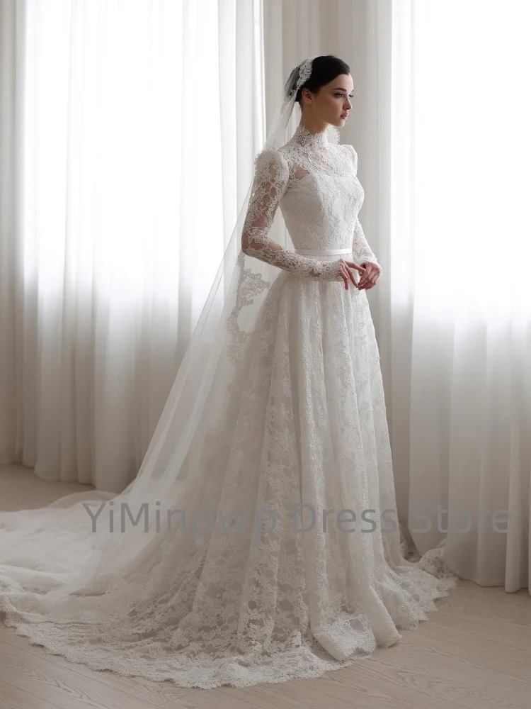 Elegante Civiele Trouwjurken Hoge Kraag Lange Mouw Bruidsjurk Kant A-lijn Sweep Trein Bruidsjurk Aangepaste robe de mariée