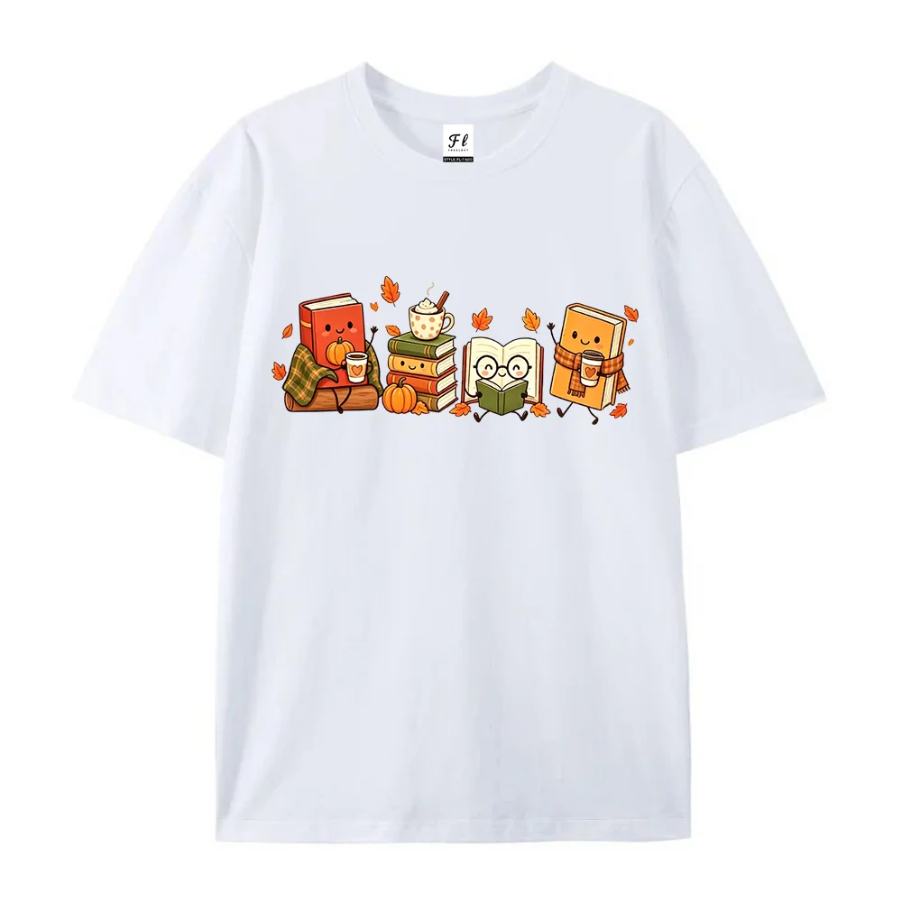 Cute Fall Book Print Women T‑Shirt Autumn Maple Leaf Short Sleeve O‑Neck Casual Loose Tee Book Lover Reading Fan Daily Tops