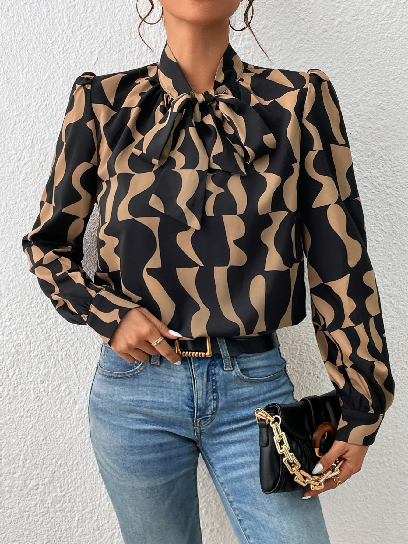 2025 Neue gemusterte Damen-Pullover-Chiffonbluse mit Rundhalsausschnitt und langen Ärmeln